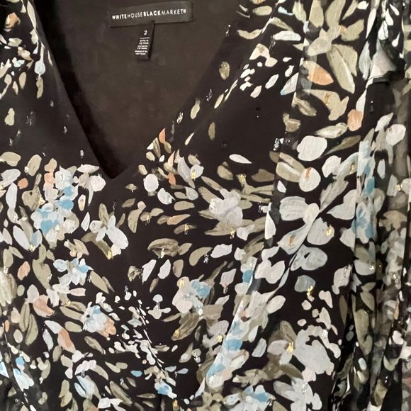 WHBM Floral Metallic Sheer Print Blouse Sz 2 Balloon Sleeve V Lined Black/Blue - Picture 8 of 16